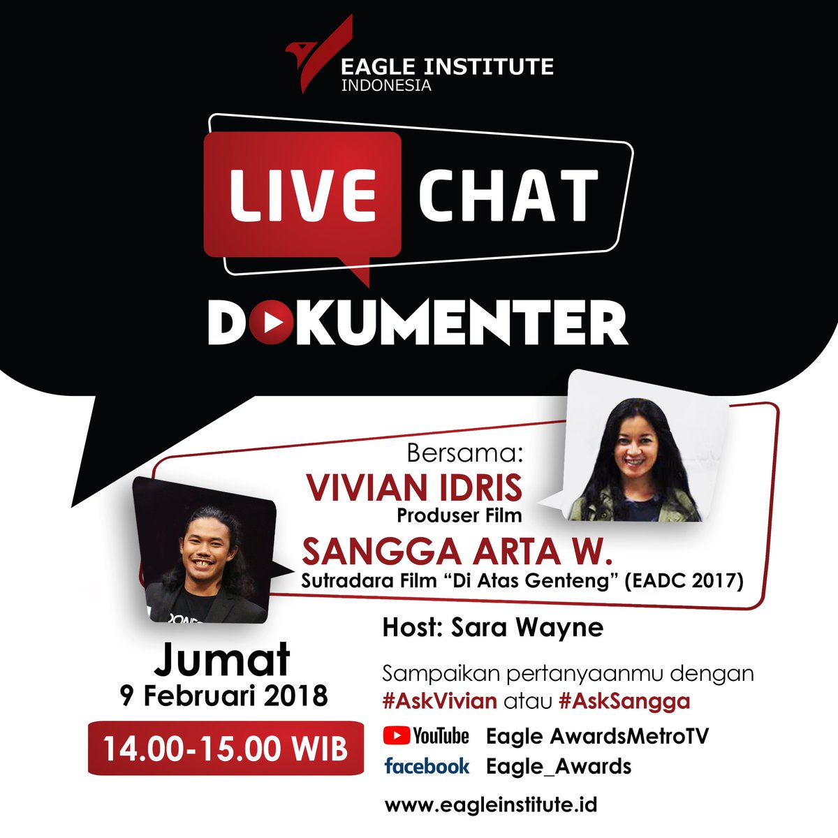 eaglejuniordoc's tweet photo. Ngobrol film yuk bareng filmmakers Vivian Idris (producer film) &amp; Sangga (sutradara film Di Atas Genteng)), Jumat 9 Februari jam 14.00 -15.00 WIB. Via facebook: eagle_awards &amp; youtube: eagle awardsmetrotv https://t.co/dNOZOQb5FR
