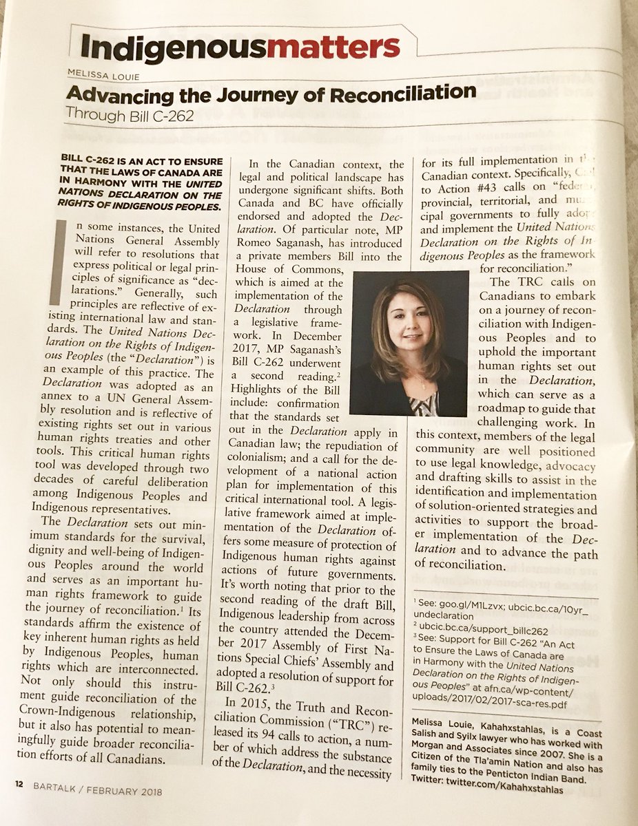 1Bob_Chamberlin's tweet photo. “Advancing the Journey of Reconciliation Through Bill C-262”

An article written for @CBA_News #BarTalk magazine by @Kahahxstahlas 

@RomeoSaganash Private Members Bill 

#UNDRIP #Indigenous #HumanRights https://t.co/3Ju5jtN4Z3
