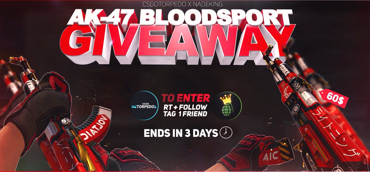 NadeKing's tweet image. 🔆 AK47 | BLOODSPORT FN GIVEAWAY 🔆

TO ENTER:
-Follow me &amp;amp; RETWEET
-Follow @CSGOTorpedo
-Tag 1 friend

Ends in 3 days!