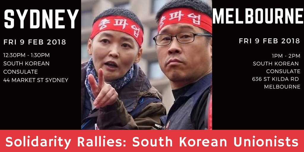 apheda's tweet photo. Join us outside the South Korean Consulates in Sydney &amp; Melbourne this Friday to demand the release of South Korean trade unionists, Han Sang-gyun and Lee Young-joo.

SYDNEY 12:30-1:30PM: https://t.co/w7aFYvt1x6
MELBOURNE 1-2PM: https://t.co/noTurMSbGQ

 #FreeHanSanggyun https://t.co/MtZjREKLnr