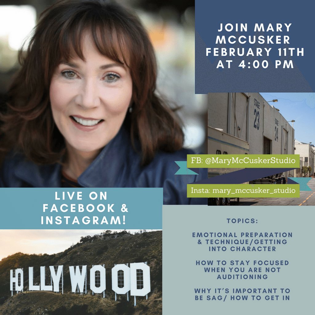 McCuskerStudio's tweet photo. Join me LIVE Sunday, February 11th at 4:00pm on Instagram and Facebook! I will be discussing emotional technique, getting into character, and much more!  Here’s your opportunity get your questions answered... ~Mary 🎬🌟Insta:mary_mccusker_studio
FB:MaryMcCuskerStudio #Actors https://t.co/fRa7GiWlI5