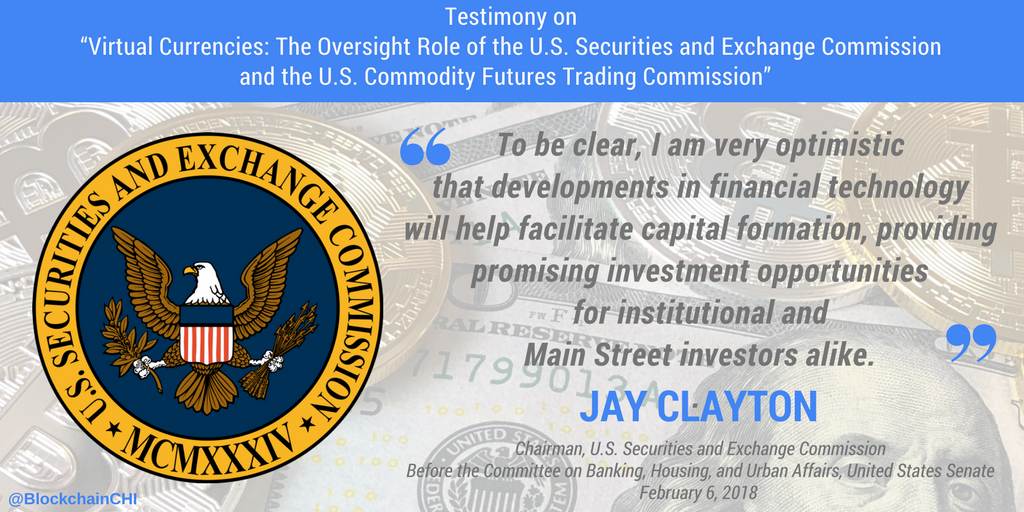 BlockchainChi's tweet photo. Jay Clayton's #SEC Testimony: "To be clear, I am very optimistic that developments in financial technology will help facilitate capital formation, providing promising investment opportunities for institutional and Main Street #investors alike." #cryptocurrencies #ToTheMoon🚀#HODL https://t.co/xc997f0TFm