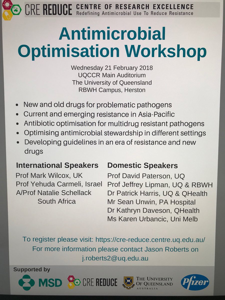 Only 2 more weeks until our Antimicrobial optimisation workshop- great faculty &amp; relevant topics. Wednesday Feb 21 in Brisbane pre <a href="/AusAntibiotics/">Australian Society for Antimicrobials</a> - featuring <a href="/davidantibiotic/">David Paterson</a> <a href="/NSchellack/">Natalie Schellack</a> <a href="/padstamundo/">Patrick Harris</a> <a href="/KathrynDaveson/">Kathryn Daveson</a> @urbakf Profs Wilcox, Lipman &amp; Carmeli bit.ly/2fpQ15g