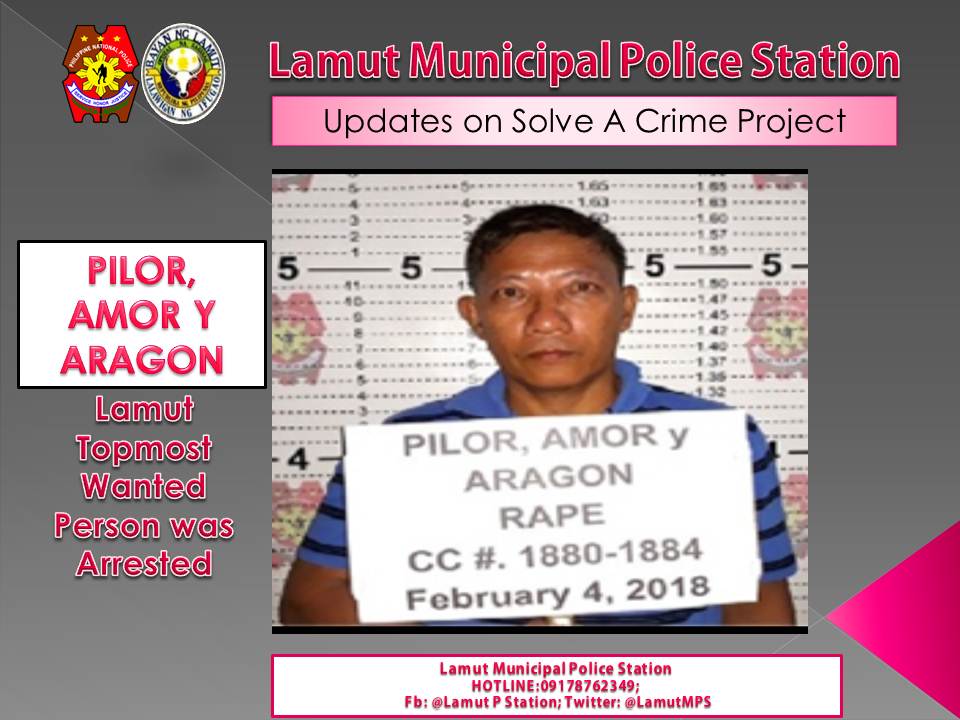 PNPLamut's tweet photo. Amor A Pilor- case: 5 counts of Rape and Lamut Topmost Wanted Person was arrested
#HelpSolveACrime
#FeedUsInfotoCaptureTopmostwanted https://t.co/rPsuLofUo4
