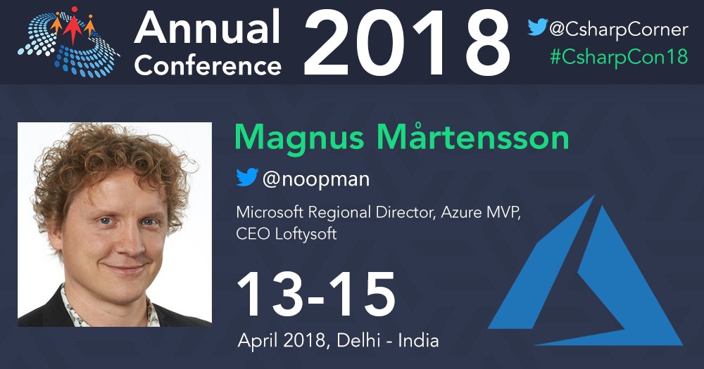 CsharpCorner's tweet image. #AzureDevs get ready to sharpen your #Azure skills with #AzureMVP @noopman at @CsharpCorner Annual Conference 2018! Register now: conference.c-sharpcorner.com #CsharpCon18