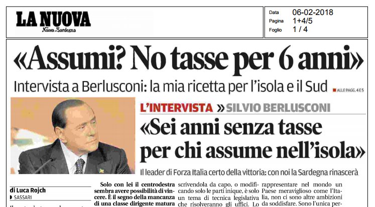 Intervista al Presidente <a href="/berlusconi/">Silvio Berlusconi</a> su <a href="/lanuovasardegna/">La Nuova Sardegna</a>: "ASSUMI? NO TASSE PER SEI ANNI" 

 gruppopdl-berlusconipresidente.it