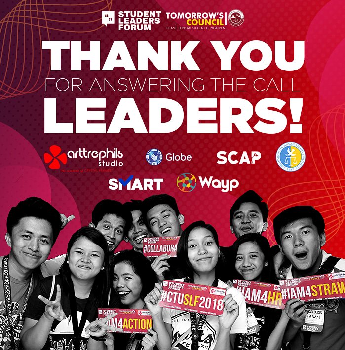 ctumcssg's tweet photo. In grateful gratitude, we acknowledge all student leaders, sponsors and speakers for making the CTU Student Leaders Forum 2018 possible.

Amazing Snaps on the link below 👇
https://t.co/vqyOImHfjI

#CTUSLF2018
#TomorrowsCouncil
#CTUMCSSG https://t.co/AvcgySUgvA