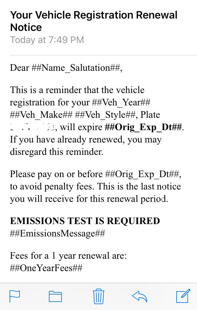 thePaulAtkinson's tweet image. So, this came in my email. Leave it to technology to screw up the formal 'hey, you need to renew your car registration' letter from @ArizonaDOT
Sorry, ##AZ_MVD## but I don't understand your ##Simple_Request## ruined by ##bad_code##
##Free_VLTthis_year_RIGHT?## ##Just_Askin'##