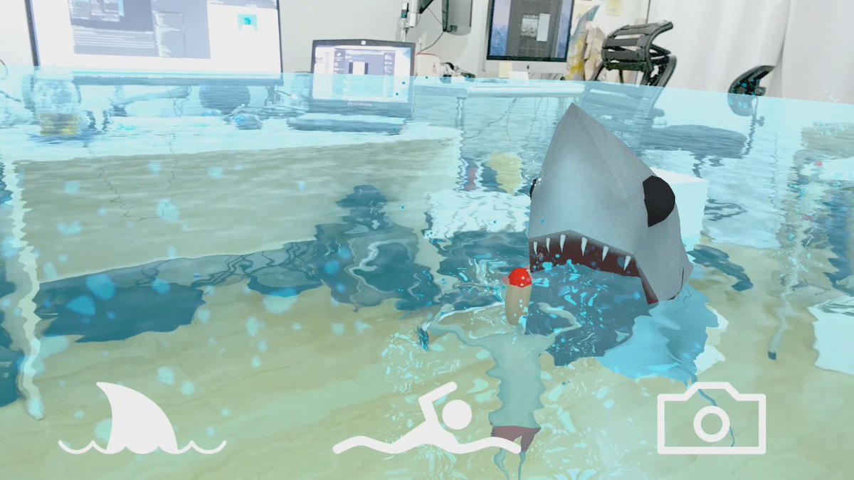 andyman404's tweet photo. A hungry shark & some swimmers are swimming around my half-submerged living room in augmented reality!
https://t.co/3rHY9vkc1U
#AR #VirtualPetJam #MovieGameJam #MadeWithUnity #ARCore https://t.co/w9ufnY8y5S
