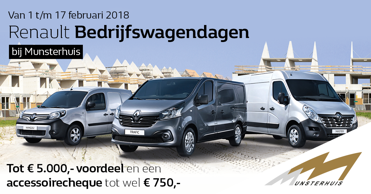 Bij Munsterhuis zijn er de Renault Bedrijfswagendagen! Tot en met 17 februari profiteert de vakman van extra veel voordeel oplopend tot wel € 5.000,- op de Renault Kangoo, Trafic of Master. Bekijk je favoriete bedrijfswagen hier: bit.ly/2yGZiNL