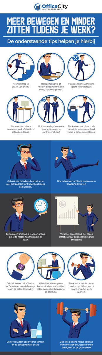 Bekijk onze handige #Infographic met tips om minder te zitten en meer te bewegen tijdens de werkdag! officecity.nl/blog/infograph…