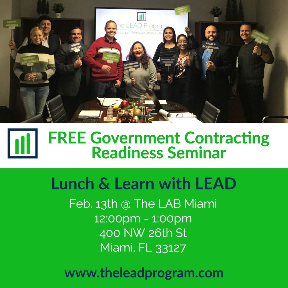 TheLEAD_Program's tweet image. Join #TheLEADProgram at #TheLABMiami as we host a Government Contract Readiness #LunchAndLearn. February 13th from 12p-1pm! 

The LAB Miami: 400 NW 26 St.| Miami, FL 33127
Register for this event at: buff.ly/2nLsYpb
