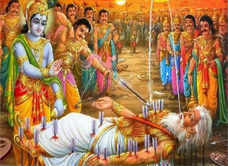 Then Arjuna strikes the ground with a blazing arrow to provide him with a cool jet of sweet water.After the war was over when Hastinapur had become safe from all sides and after giving lessons on politics and Vishnu Sahasranama to the Pandavas.