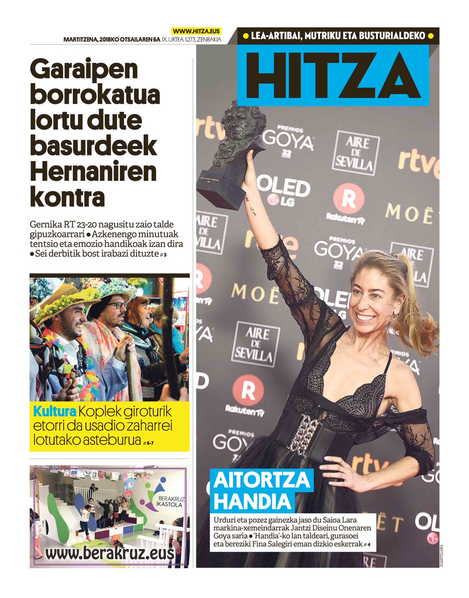 HITZAbusturia's tweet photo. Gaurko azala (otsailak 6) @GernikaRT #Goya2018 #santaeskea https://t.co/M62UnnNuUx https://t.co/JSk3XWR4DT