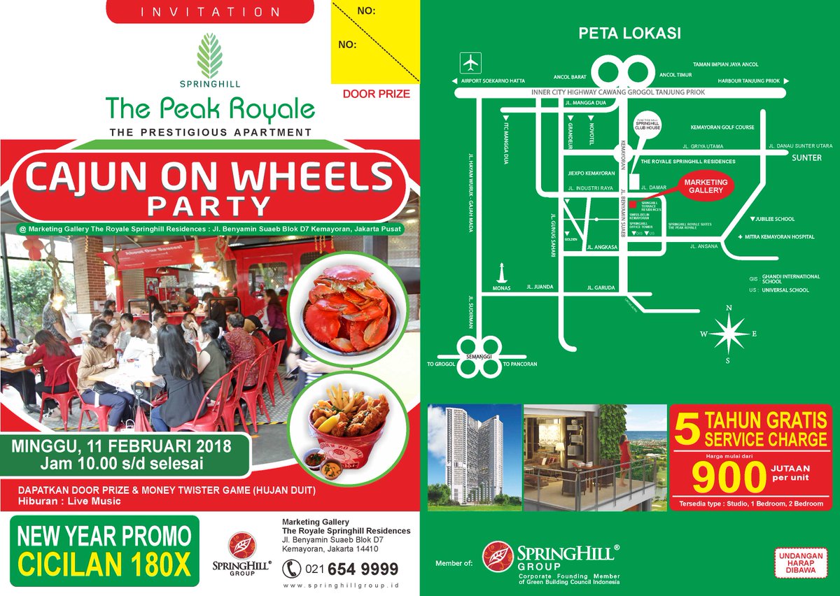 Springhill_INA's tweet photo. CAJUN ON WHEELS PARTY @ Marketing Gallery The Royale Springhill Residences, Kemayoran-Jakarta Pusat, Minggu 11 Februari 2018, Jam 10.00 - Selesai.
Info Lengkap : https://t.co/TUaL1SgYRp https://t.co/o5YI0DCDNv