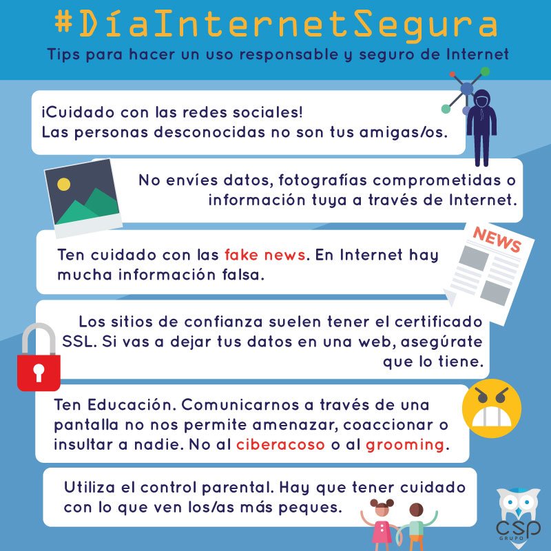 GRUPO_CSP's tweet photo. #DiaInternetSegura

Al navegar por Internet, debemos prestar especial atención a nuestra seguridad y la de los/as más peques. Os dejamos unos tips para que hagáis un uso seguro y responsable de esta herramienta⬇️
 #Seguridad #Responsabilidad https://t.co/BJsmj18L6w