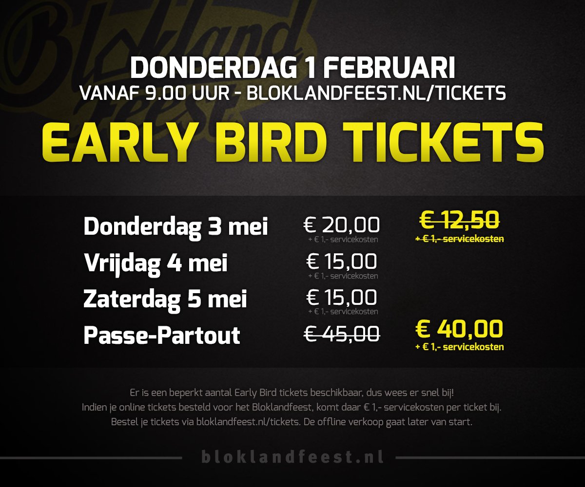 Er zijn nog enkele Early Bird passe partouts beschikbaar! Wees er snel bij via bloklandfeest.nl/tickets