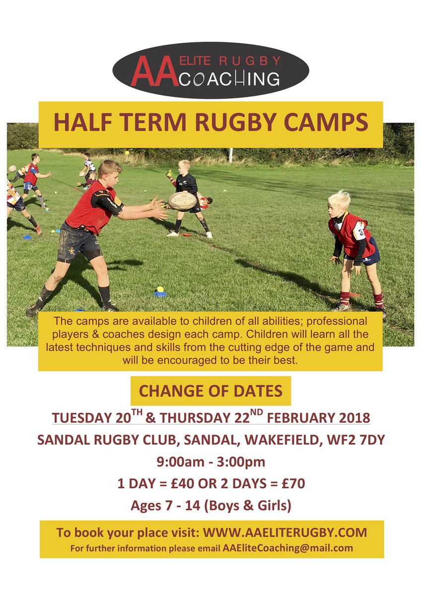 Rugby camps for Feb 1/2 Term:
Tuesday 20th &amp; Thursday 22nd
<a href="/sandalrufc/">Sandal RUFC</a> to book a place visit our website! #RugbyCamp #Skills4Life