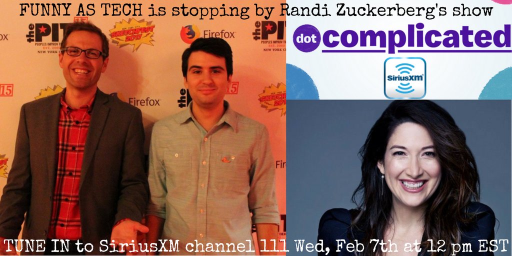 TechEthicist's tweet photo. Excited to stop by @randizuckerberg's @dotcomplicated show on @SIRIUSXM @BizRadio111 this WED at 12 pm EST discussing @FunnyAsTech w/ co-host @ImJoeLeonardo. We tackle the thorniest issues in tech...inside a comedy theater. #digcit #tech #FunnyAsTech #DotComplicated https://t.co/kMMVaR2IfJ