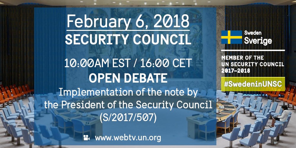 SwedenUN's tweet image. Today in the #UNSC:
• Open Debate on the Implementation of the note by the President of the Security Council (S/2017/507), #WorkingMethods of the @UN Security Council w/ briefer Mr. Ian Martin from @SCRtweets.

Follow live → webtv.un.org