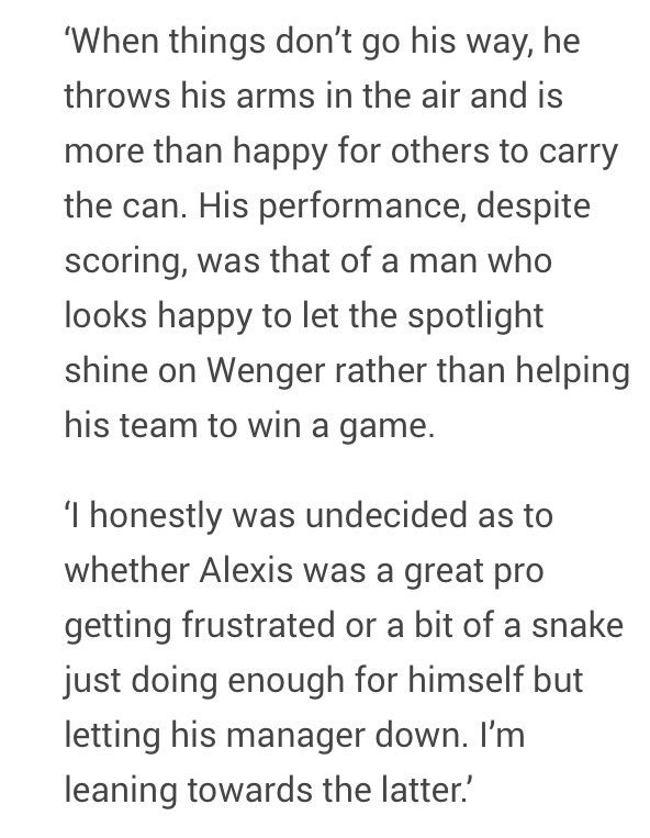 This morning, Collymore was happy to state that Alexis Sanchez was "someone every team needs", which is strange because last March, he described him as a "snake who's more than happy to let others carry the can".Make up your mind, Stanley...(Props to  @F365 for this, as ever.)