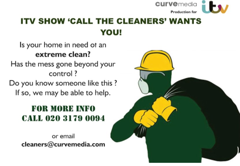 CurveCasting's tweet image. Do you or someone you know have a home in need of a total cleaning overhaul? Call The Cleaners is back on itv. Get in touch for more information. #casting #cleaning #tv