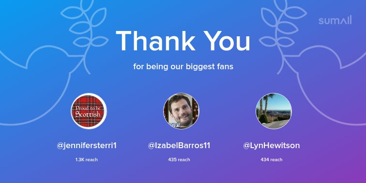 Our biggest fans this week: <a href="/jennifersterri1/">🐾🐾 🌻 Jenny 🌻 🌞🌱🏴󠁧󠁢󠁳󠁣󠁴󠁿🦄🇺🇦</a>, <a href="/IzabelBarros11/">Izabel Barros🌺❤🌺</a>, <a href="/LynHewitson/">Mrs Lyn Hewitson</a>. Thank you! via sumall.com/thankyou?utm_s…
