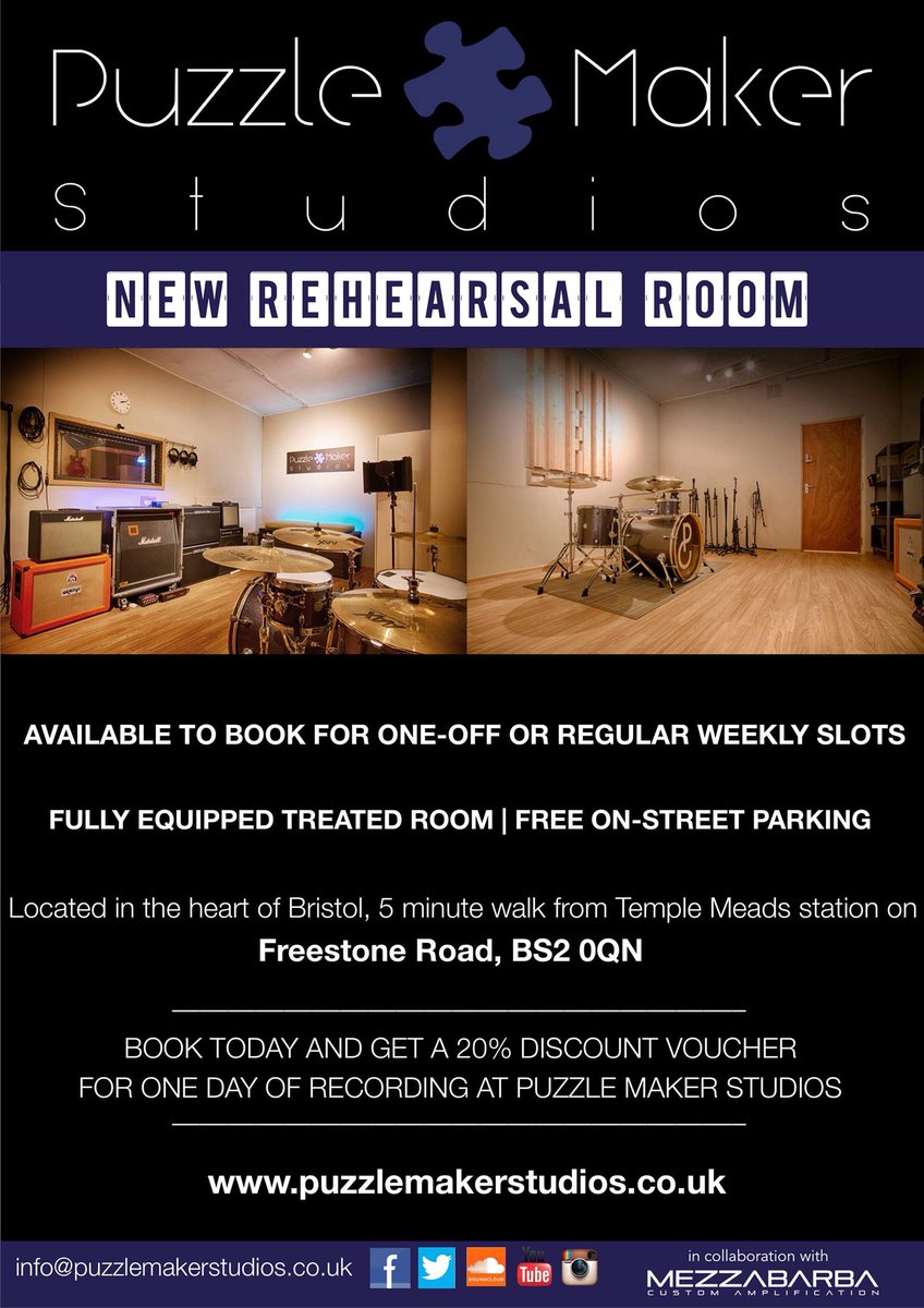 PuzzleMakerStud's tweet photo. Guys we’re so excited to be launching our new rehearsal room right here in central #bristol @BrisMusicClub https://t.co/Y2lGYtROUi