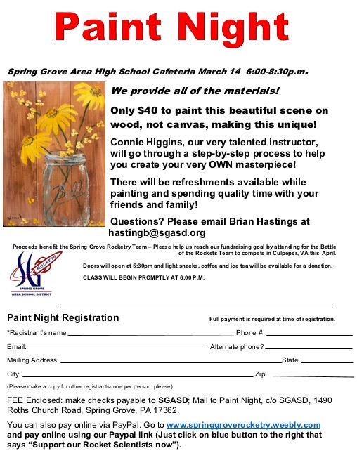 sg_nasa_sl's tweet image. Paint Night on Mar 14 to benefit the rocketry team.  Please consider attending or making a donation to support our cause.  The event starts at 6pm and for only $40, you can paint this beautiful spring scene. @SGschoolnews @DietrichD_HS @Supt_SGASD @Cugliari_HS