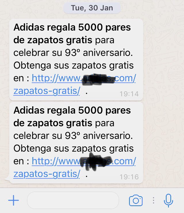 OSI Seguridad on Twitter: "Te informamos que mensaje que circula por #WhatsApp: "#Nike regala 5000 pares de zapatos gratis..." es MENTIRA. Si te llega, ignóralo #fraude https://t.co/aeI2NOClgP" / Twitter
