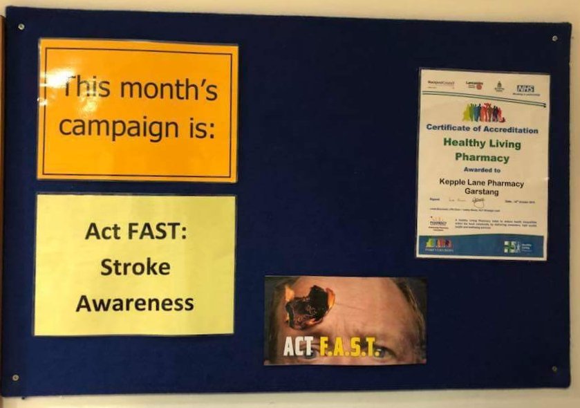 KLPharmacy's tweet photo. This month's campaign is Stroke Awareness. 
Thank you Jack Billington for a fantastic display. 
Please share and raise awareness 
Face
Arms
Speech 
Time - to call 999!
#ActFAST #HealthyLivingPharmacy 
@actfast999 #pharmacyhour #garstanghour #PrestonHour https://t.co/hB7zhe47qc