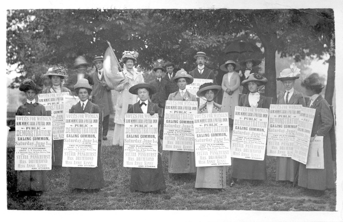 To mark #votes100 we're sharing these images of Marion Wallace Dunlop - Ealing artist, #Suffragette and first hunger-striker, and WSPU members on Ealing Common. #DeedsNotWords #100banners