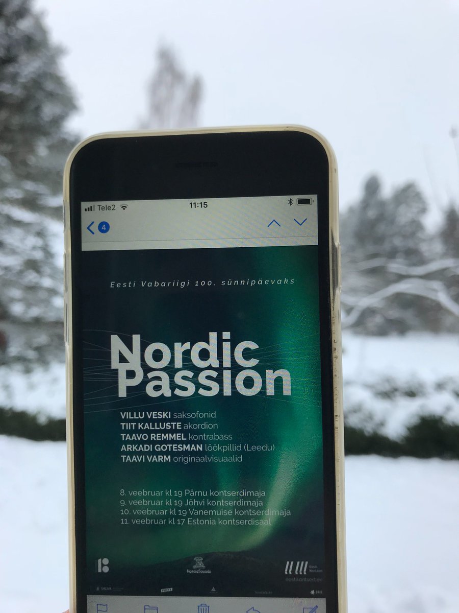 11.02 Estonia kontserdisaalis kl.17 kontsert „Nordic Passion“  Villu Veski ja Tiit Kalluste põhjamaine muusika,pühendatud EV 100. sünnipäevale.
Pakume Estonia kontserdisaali kassast kontserdile viimase hetke pileteid hinnaga 9€. Soodustus kehtib märksõna “Juu Jääb” ütlemisel.