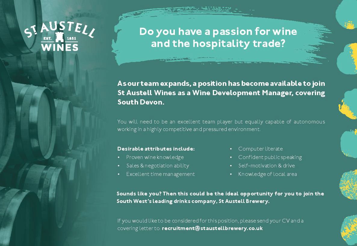Do you have a passion for #wine? We’re looking for an experienced wine development manager to join our team as part of the South West’s leading drinks supplier.

Interested? Send your CV and covering letter to recruitment@staustellbrewery.co.uk