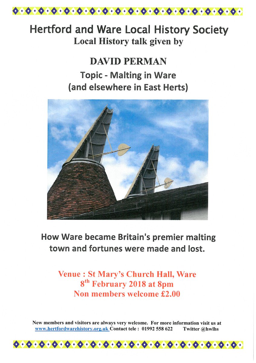 Learn more about the Maltings in Ware from a well known local historian and great speaker. David Perman will be at St Mary's Church Hall in Ware this Thursday evening at 8pm.  Definitely an event not to be missed !