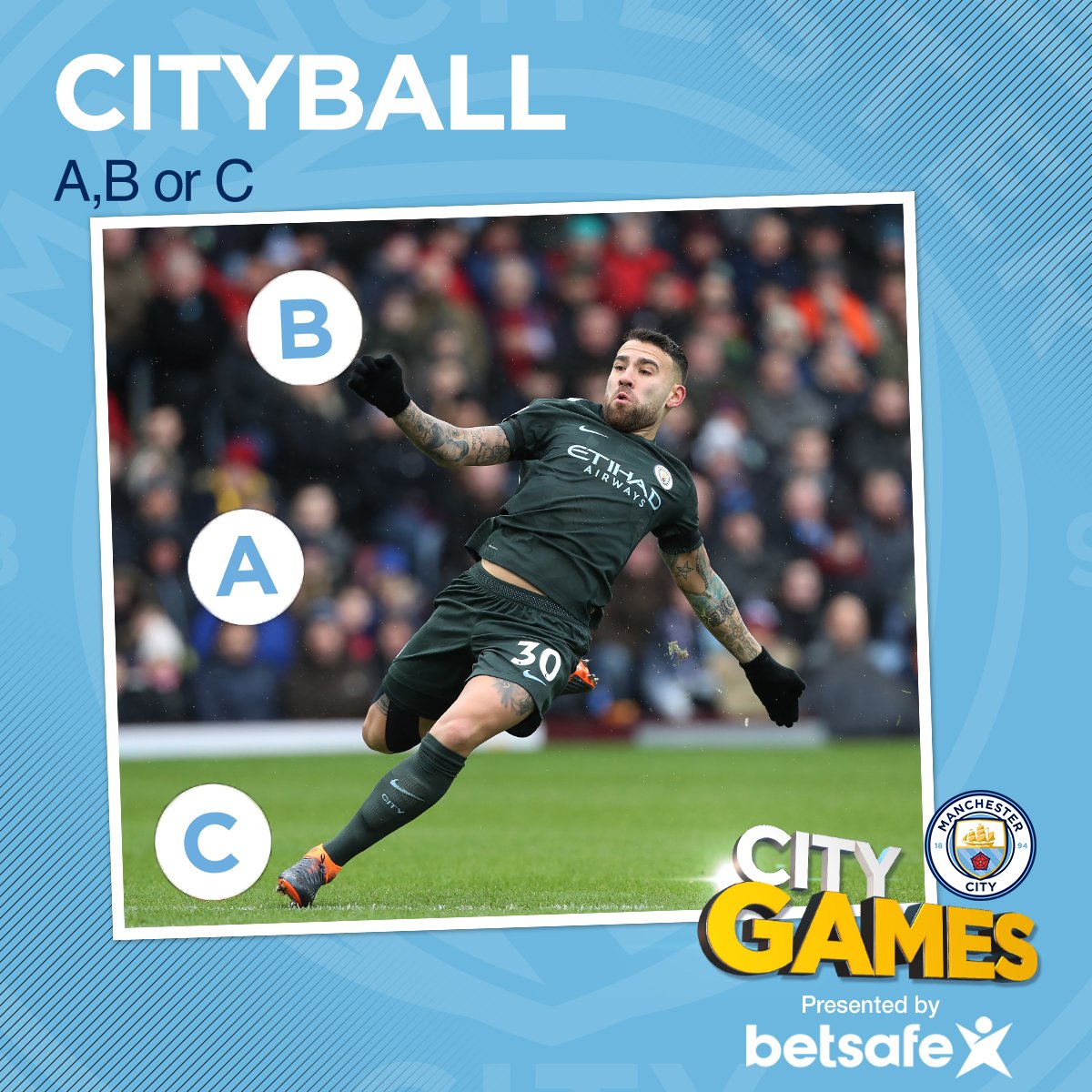 ManCity's tweet photo. ⚽ @Notamendi30's getting ready to send this @Betsafe ball flying!

A, B or C? #mancity https://t.co/PKlzVr4gKB