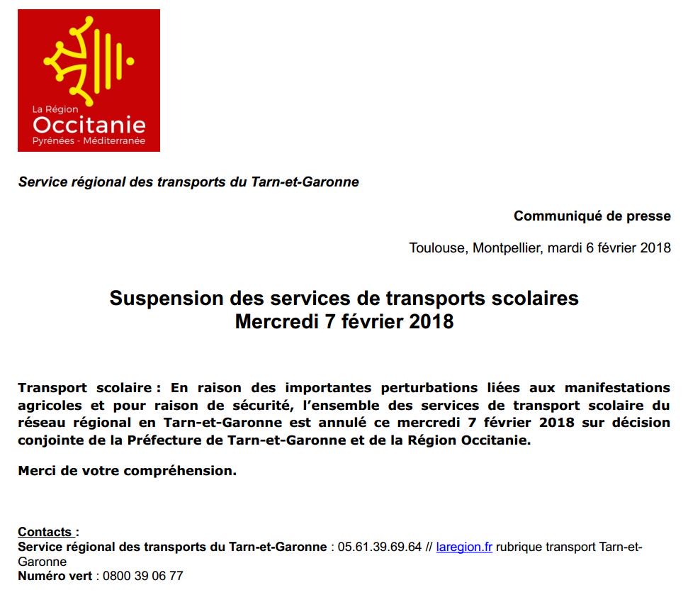 #manifestationsagricoles &gt; suspension des transports scolaires le mercredi 7 février 2018