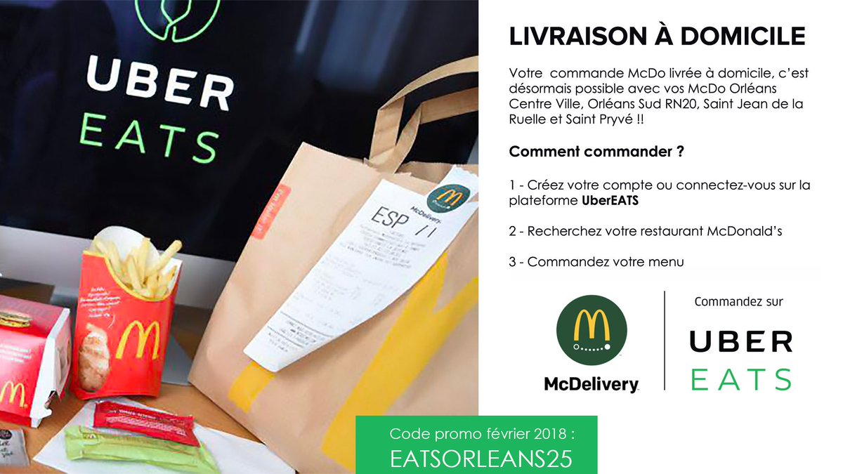 McDo_Orleans's tweet photo. En février, régalez-vous avec la livraison à domicile !

Jusqu'à la fin du mois, bénéficiez d'une réduction exceptionnelle de 25% sur vos commandes* McDonald's à Orléans.
Pour en profiter, entrez le code #promo dans votre application @UberEats !

*Offre valable sur 15 commandes https://t.co/yrUC8DsaqP