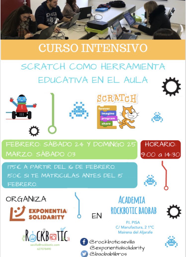 RockboticSev's tweet photo. Nuevo curso para adultos de Scratch como herramienta educativa en el aula. En academia rockbotic Sevilla @Baobab_libros  @ExpSolidarity Matrícula:  https://t.co/OJ5Kqawhx5 #rockbotic #educacion #robótica #Scratch #baoba https://t.co/cxu7DQalUT