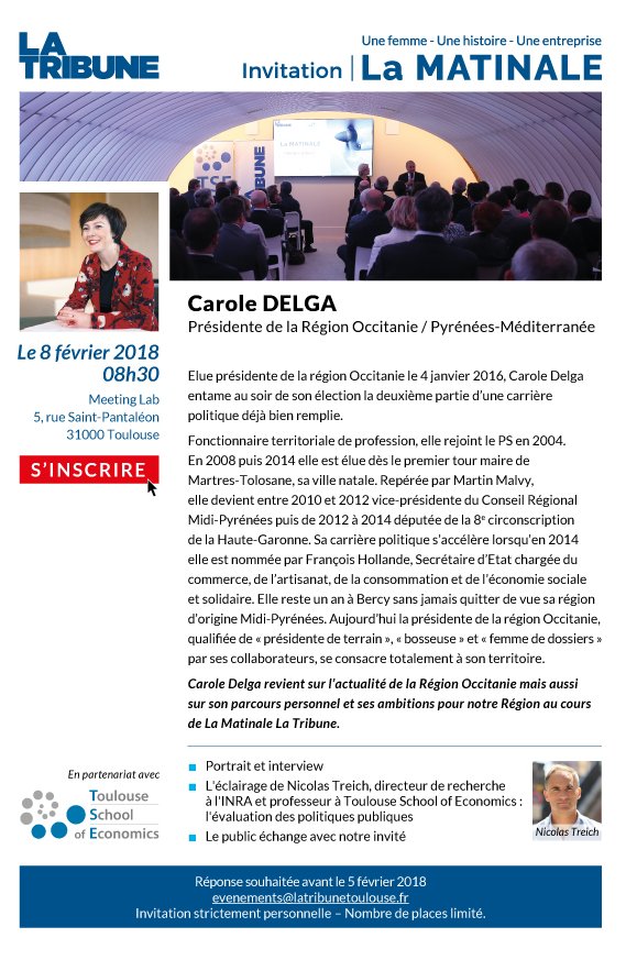 J-2 MATINALE <a href="/CaroleDelga/">Carole Delga</a>, Présidente de la Région Occitanie / Pyrénées-Méditerranée, est notre invitée
RDV le 8/02 à 8h30 <a href="/MeetingLab/">MeetingLab Europa</a> 
Avec <a href="/TSEinfo/">TSE</a> 
INSCRIPTIONS : bit.ly/2CH42Wo