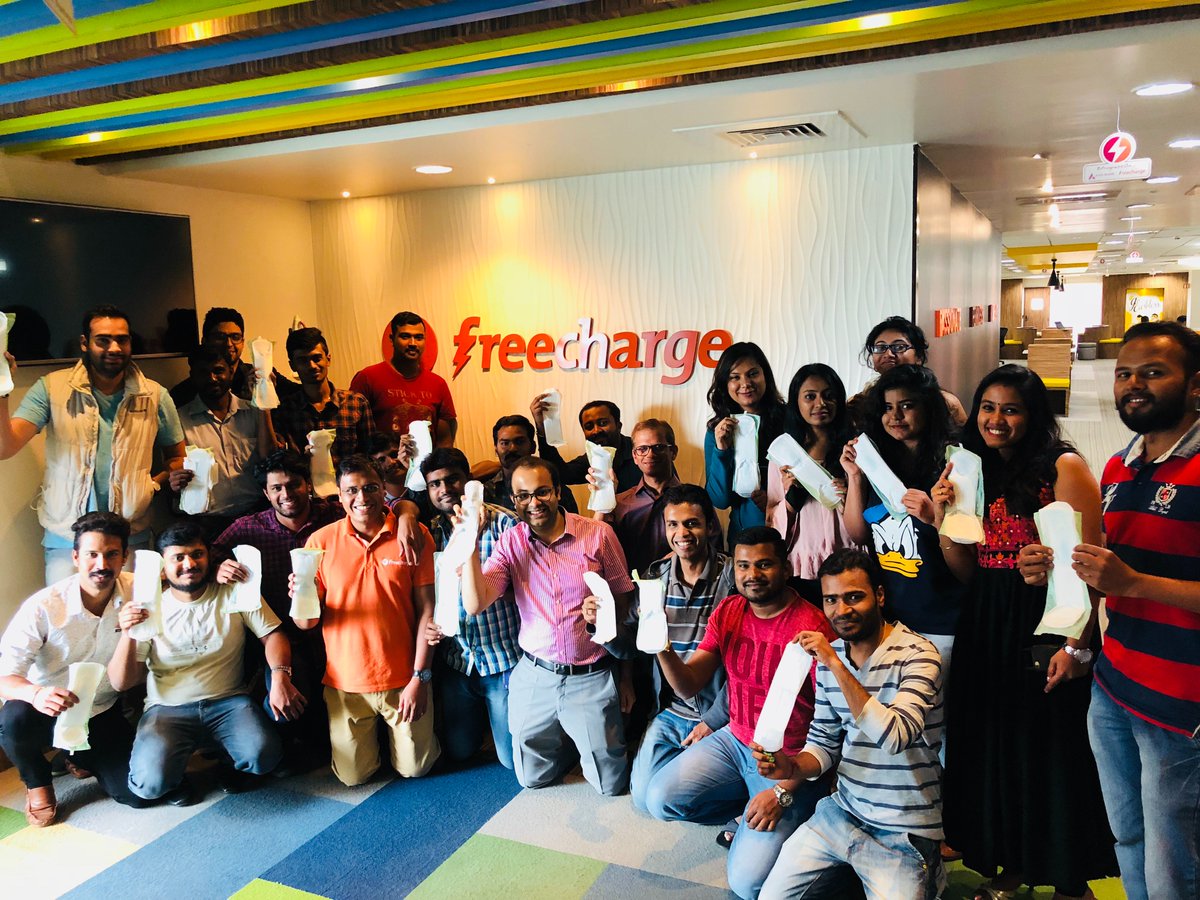 Freecharge's tweet photo. We took the #PadManChallenge as a show of support not just for the movie #PadMan but to celebrate the efforts of @murugaofficial towards menstrual hygiene. Thank you @MrsFunnybones &amp; @AkshayKumar for this initiative. Now challenging @bookmyshow, @swiggy_in, @ZomatoIN, @Paytm 🙂 https://t.co/auryDzcRd7