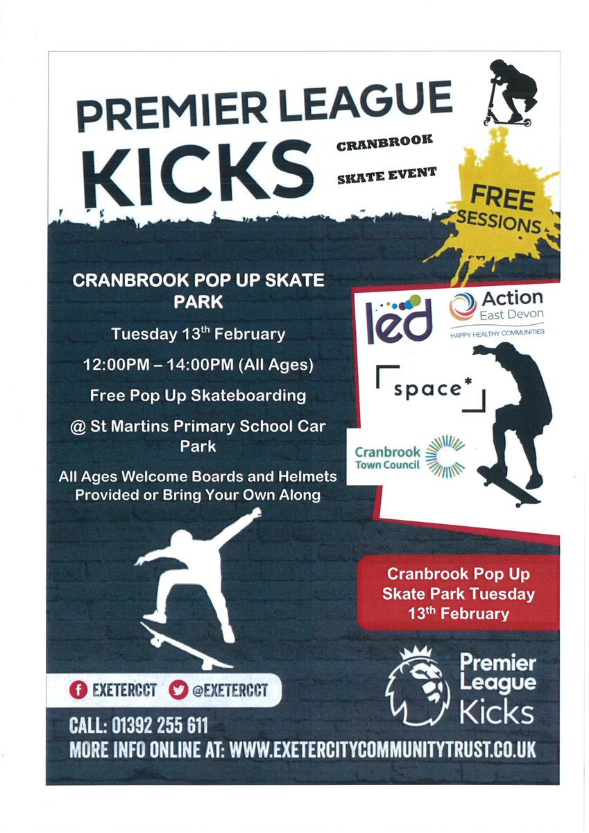 Cranbrook CDW (@cranbrook_cdw) on Twitter photo An exciting new youth project for #cranbrookdevon : pop-up youth activities. Starting with a pop-up skate park during half-term, Tues 13 Feb 12 till 2pm. thank you <a href="/ExeterCCT/">Exeter City Community Trust</a> <a href="/LEDleisure/">LED Community Leisure Ltd</a> <a href="/activedevon/">Active Devon</a> Cranbrook town council and many others for making this happen An exciting new youth project for #cranbrookdevon : pop-up youth activities. Starting with a pop-up skate park during half-term, Tues 13 Feb 12 till 2pm. thank you <a href="/ExeterCCT/">Exeter City Community Trust</a> <a href="/LEDleisure/">LED Community Leisure Ltd</a> <a href="/activedevon/">Active Devon</a> Cranbrook town council and many others for making this happen