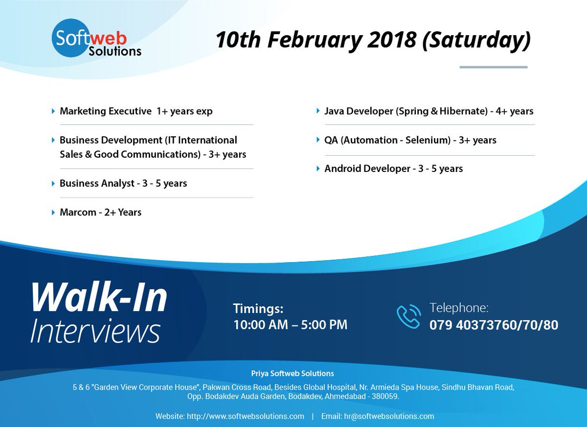 softwebchicago's tweet photo. Are you looking to take your #career to the next level? Here is a walk-in drive for professionals who are looking for following positions. Don’t wait, just #walkin to our office on Feb 10, 2018 
 #IT #Jobs #Ahmedabad #Ahmedabadjobs https://t.co/lMUnnjCQZd