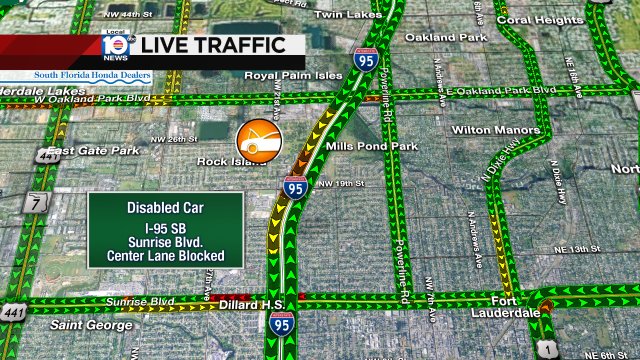 DISABLED CAR: I-95 SB & Sunrise Blvd. A center lane is blocked; delays are building. #TRAFFIC https://t.co/G7RkPwBpPi
