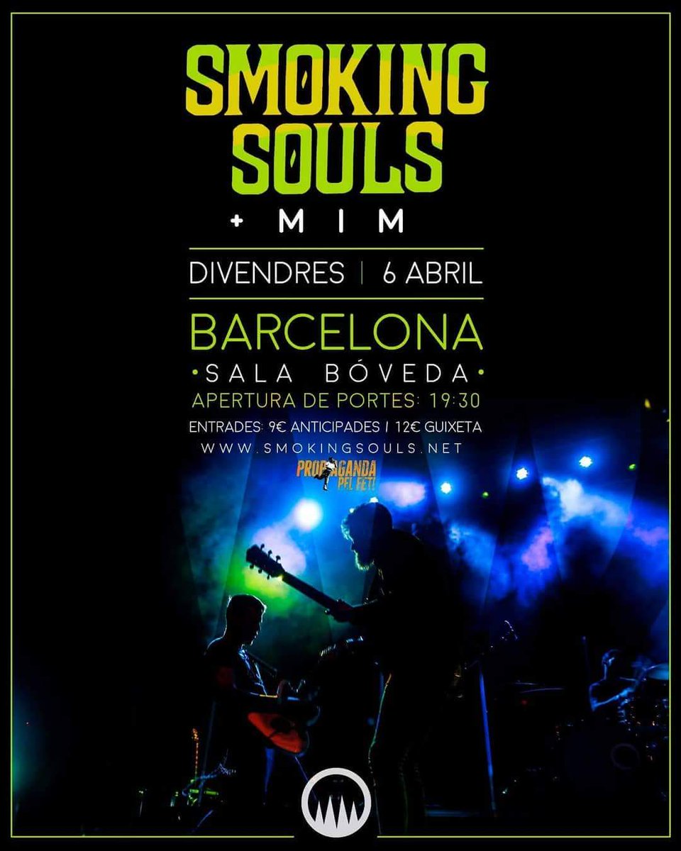💣 BONES NOTÍCIES!!!

El 6 d'abril estarem acompanyant als amics de <a href="/Smoking_Souls/">Smoking Souls</a> a la Sala Bóveda de Barcelona !!!
Vindreu?