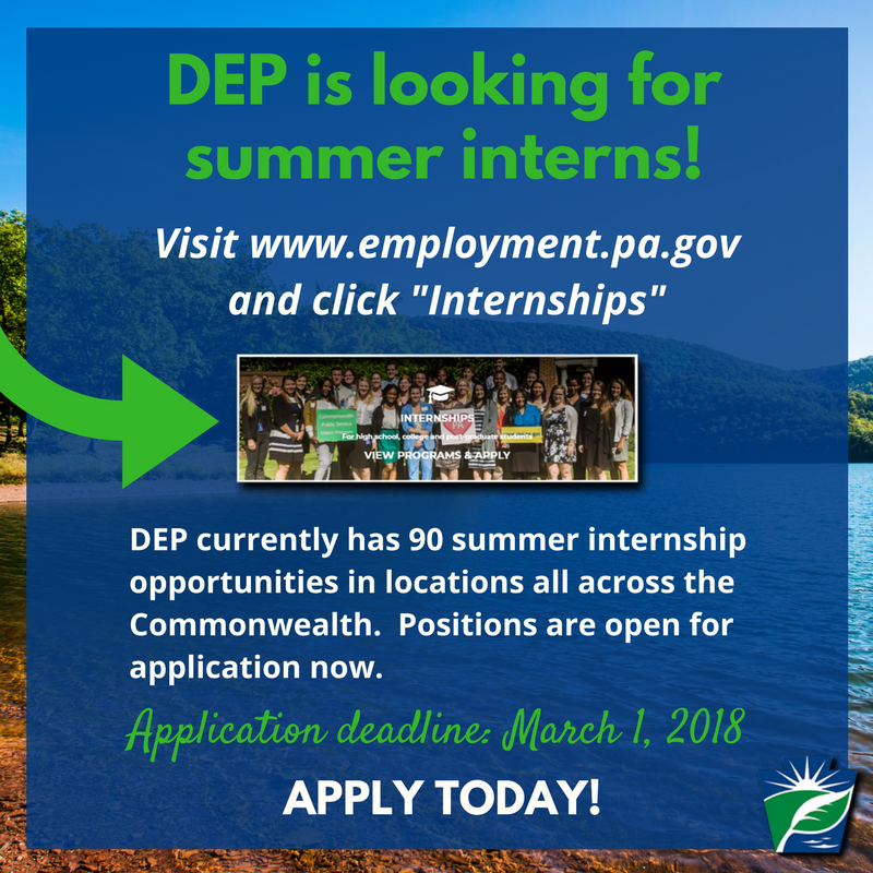 PennsylvaniaDEP's tweet photo. Interested in a summer internship with DEP or know someone who might be? The application deadline is March 1! ⬇️ https://t.co/oSu5VEFwIb