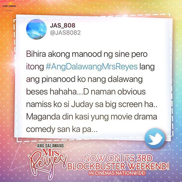 StarCinema's tweet photo. Salamat sa lahat ng mga nanood ng #AngDalawangMrsReyes! Kung hindi ka pa nakakanood, habol ka na tonight! #ADMR3rdBlockbusterWeek https://t.co/RLtlVNo3X4