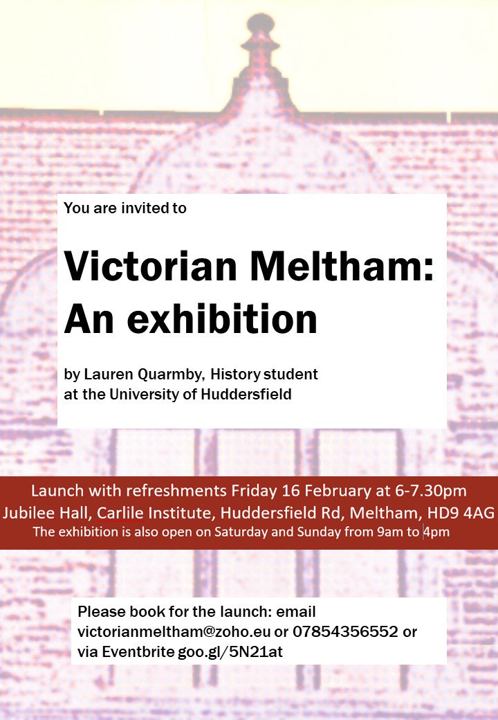 Lauren Quarmby, one of our <a href="/TheDigital19thC/">Digital Victorians</a> students <a href="/HistoryatHud/">HudUniHistory</a> has a pop-up exhibition based on her work at The Carlile Institute, #Meltham <a href="/CommunityRooms/">The Carlile Institute</a> 16-18 Feb (launch at 6pm on 16th - Book at eventbrite.co.uk/e/victorian-me…)