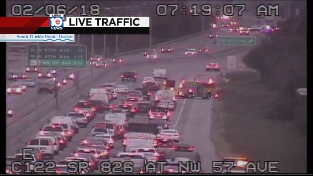 CRASH: SR-826 EB & NW 57th Ave. Two lanes are blocked; expect delays. #TRAFFIC #MIAMI https://t.co/ghO3i8HXcf