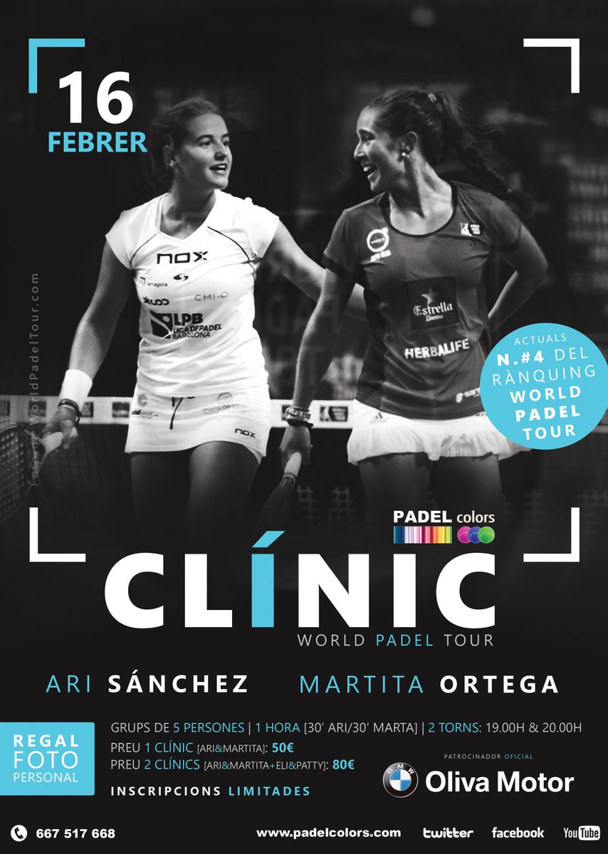 CLÍNICS World Padel Tour amb <a href="/eliamatri/">Eli Amatriain</a> <a href="/pattytxu/">Patty Llaguno Zielinski</a> <a href="/martita_ortega/">Martita Ortega</a> i <a href="/asanchezfallada/">Ari Sánchez</a>. Places limitades! No et quedis fora...😉#laliaremparda @BMWOlivaMotor <a href="/padelcolors/">padelcolors</a>